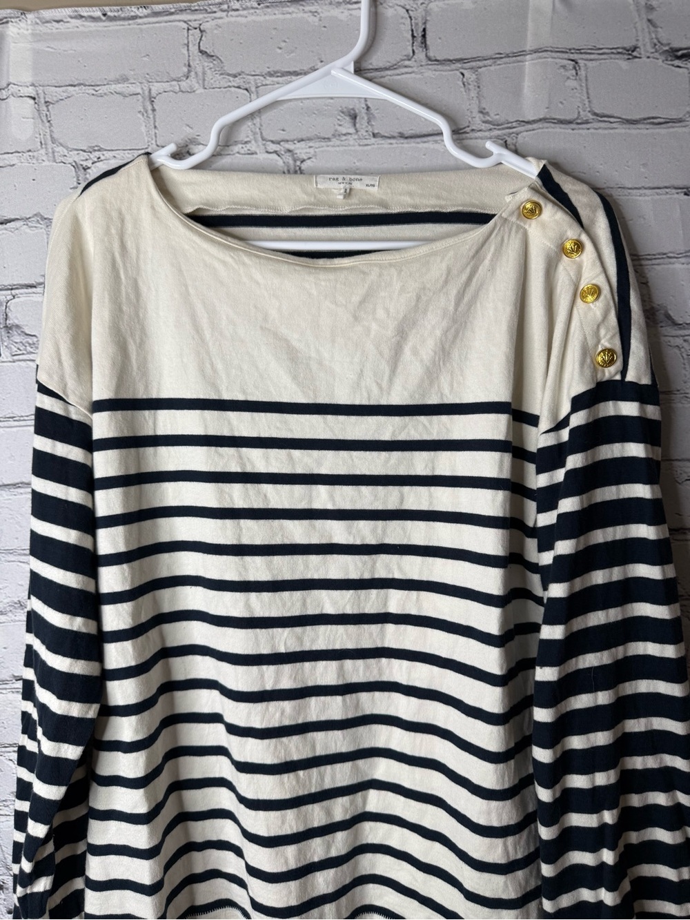 Rag and bone Bardot Striped Boatneck Button-Shoulder Top - Navy & Cream xl